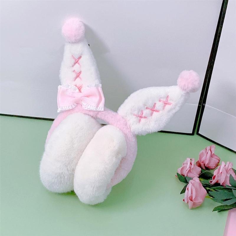 Girls Lovely Bunny Ear Shape Ear Warmer Stuffed Earmuff Warm Plush Winter Earwarmer with Bowknot Decor for Children