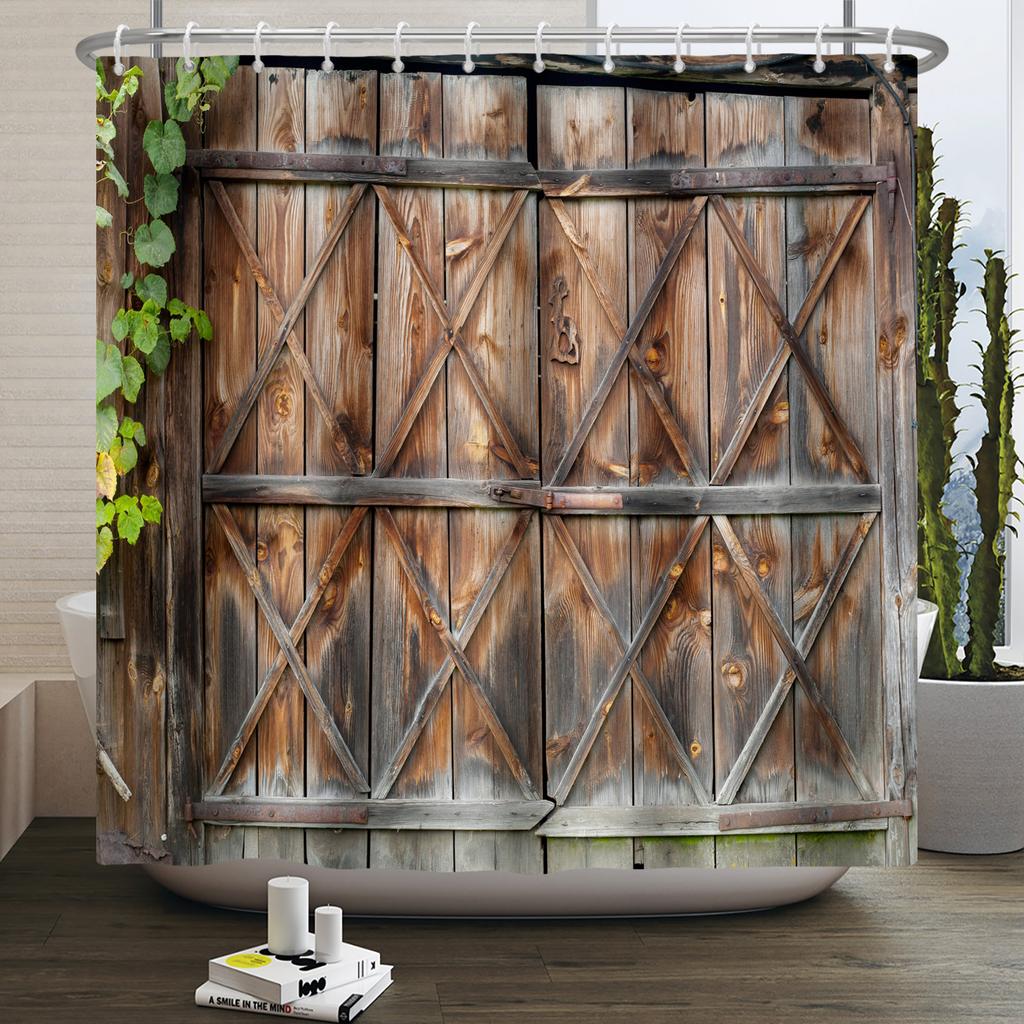 Retro Wood Door Shower Curtain Farmhouse Country Vintage Farm Barn Wooden Waterproof Polyester Shower Curtain for Bathroom Decor