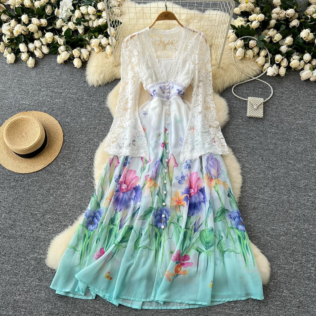 Frühling Herbst Frauen Elegante Spitze Flare Ärmel Tiefem V-Ausschnitt Print Lange Maxi Urlaub Party Kleider