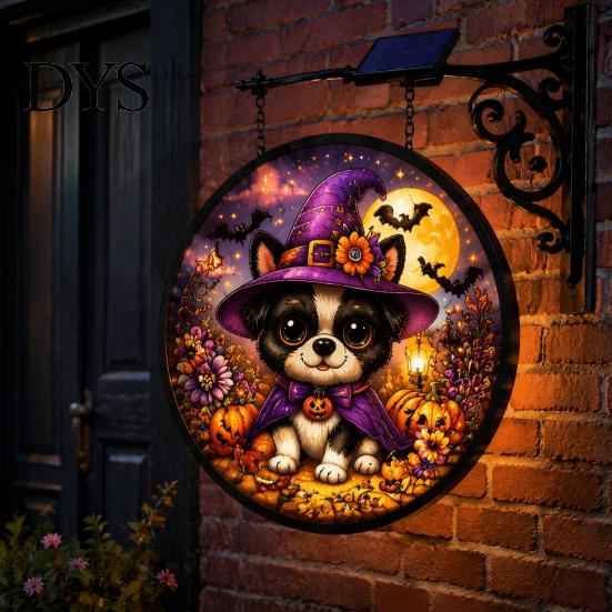 Entryway Holiday Decor Solar Halloween LED Hanging Sign Light, Outdoor Waterproof Lighted Handcrafted Resin Signs for Porch Yard Garden Halloweens