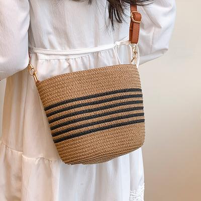 Kadınlar için Yaz Popüler Hasır Örgü Çanta, Deniz Kenarı Tatili için Yeni Stil Örgü Çanta, Günlük Çok Yönlü Çapraz Askılı Kova Çanta