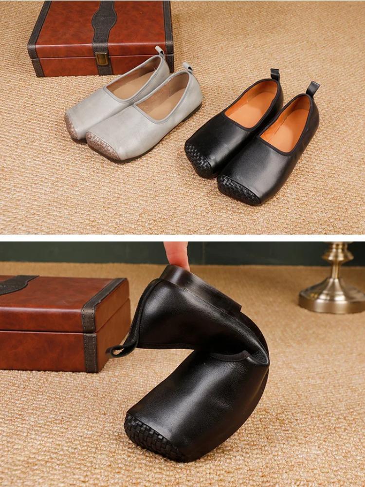 Johnature Women's Shoes Retro Loafers Genuine Leather Solid Color Square Toe Soft Soled Slip-on Shoes