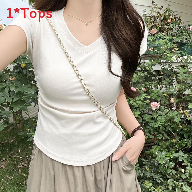 Plain Cotton Short Sleeve T Shirt With Pleated Detail For Casual Wear