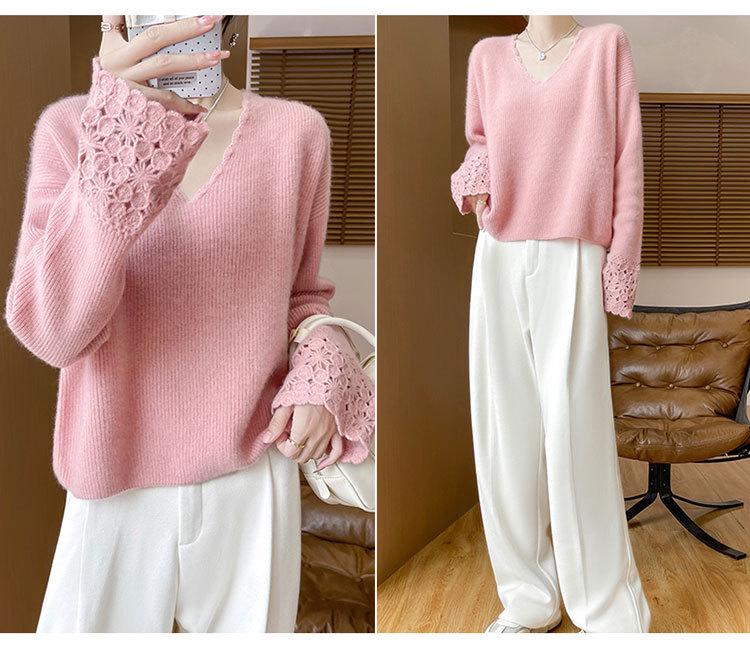 Women's 100% Pure Wool V-Neck Lace Long Sleeve Loose Sweater - Autumn/Winter 2025 Collection