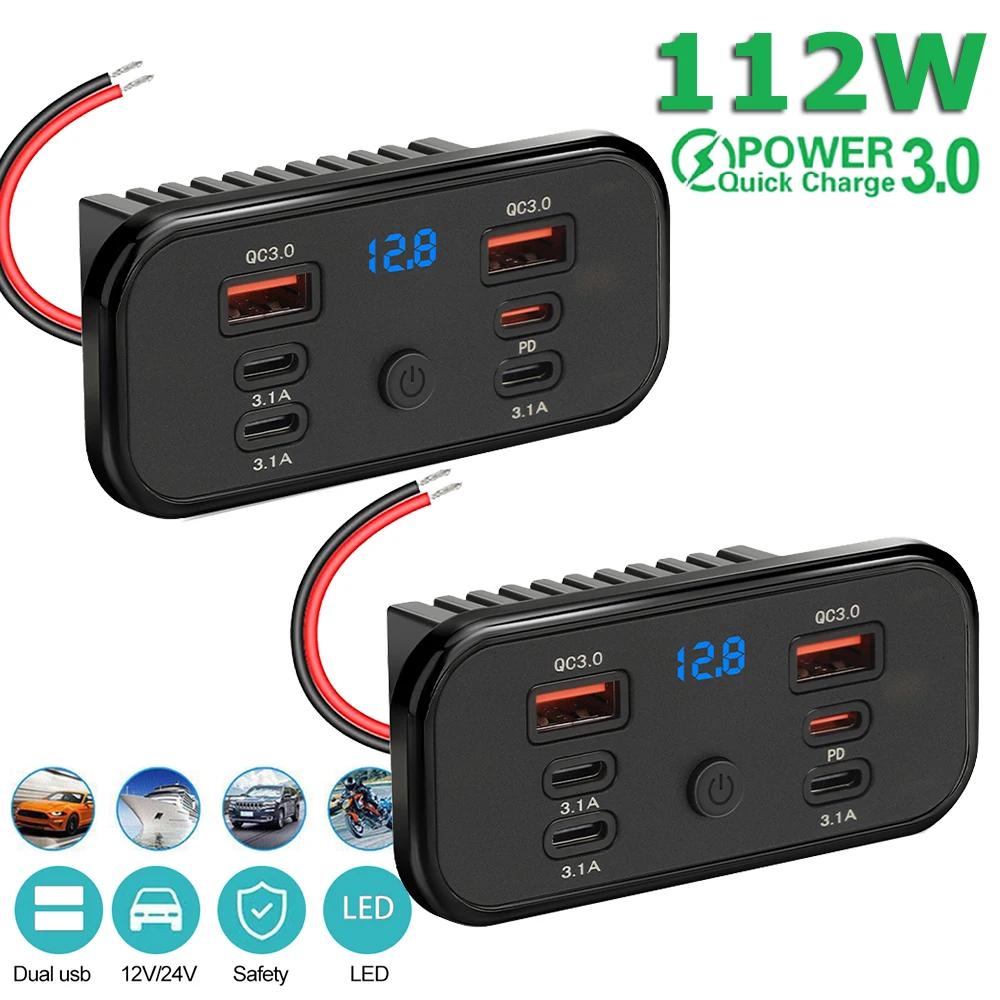 4/6 Ports 112W Dual 18W USB-A 30W PD3.0 QC3.0 Car Charger Outlet ast Charging Power Adapter with Voltmeter Switch for 12V/24V for Car RV Truck Boat