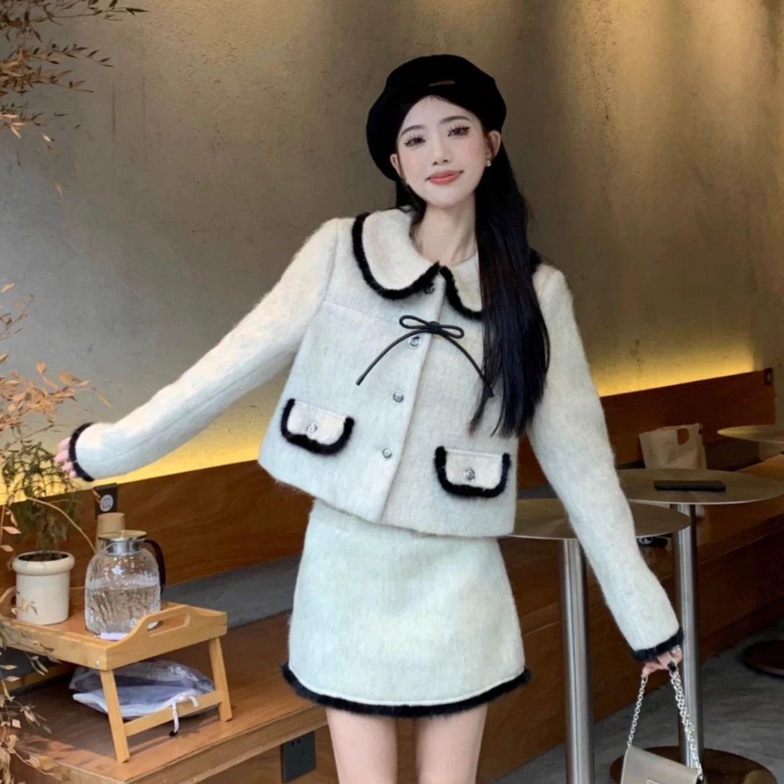 

Осенне-зимний комплект пальто с воротником Питер Пэн и юбки миди в стиле колор-блок XL [110-120 Jin]