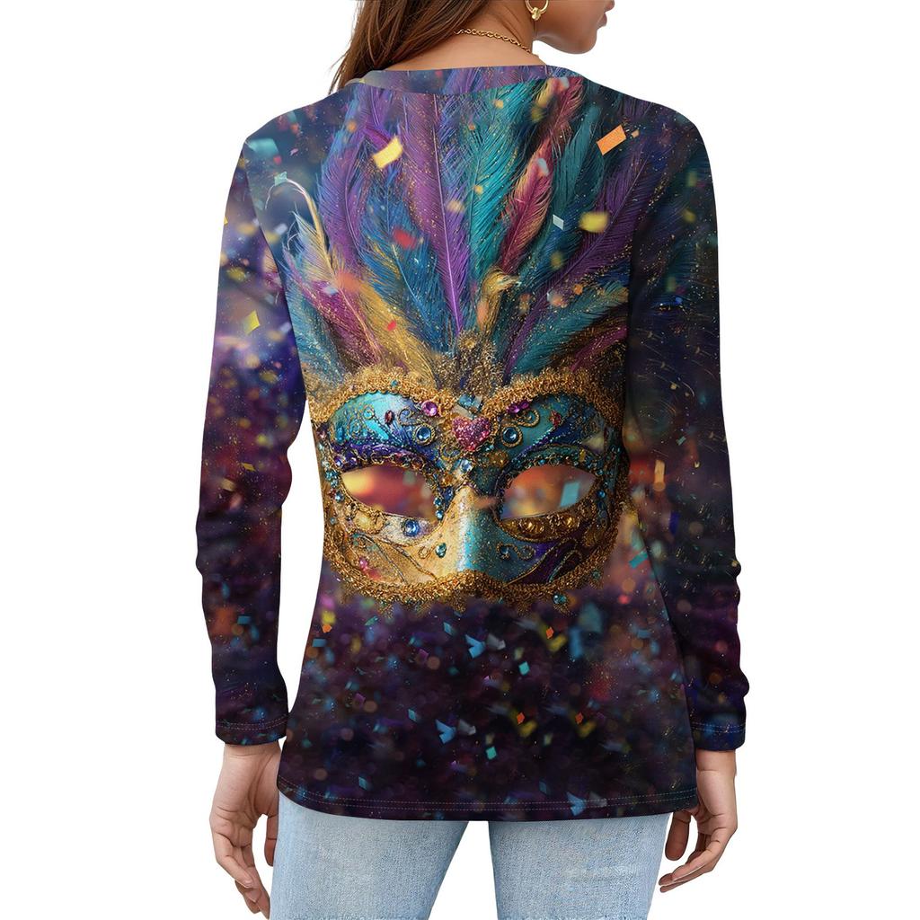 Damen Modisches Karnevals-Print Rundhals Langarm Oberteil mit Schlitzsaum
