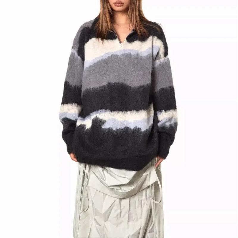 Autumn Winter New Lazy Style Faux Mink Color Block Striped Sweater Unisex Casual Lapel Knit Top Trendy