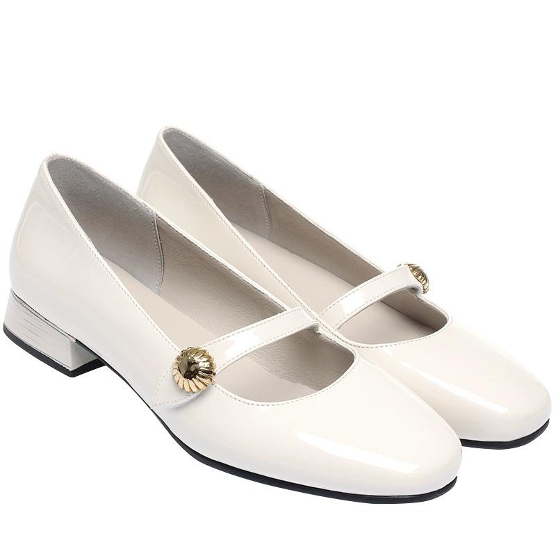 fashion Women's Summer Square Toe Single Shoes On Metal Decoration Flower Leisure Outdoor Lady Sweet Shallow Mouth Low-heeled Patent