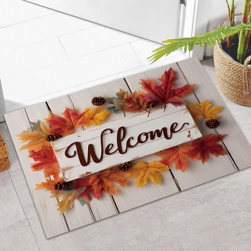 

Retro Welcome Plank Maple Leaf Print Carpet Party Living Room Sofa Bedroom Bedside Study Entrance Door Rug Non-slip Decor Mat 40x60cm