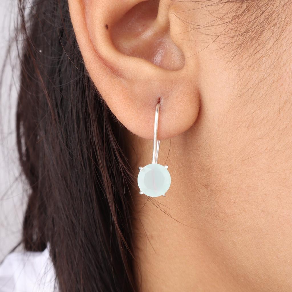 Aqua Chalcedony Gemstone 925 Sterling Silver Jewelry Handcrafted Earrings 0.92" EE-174-18