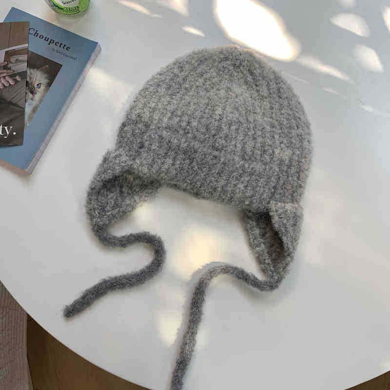 

Autumn and Winter Hats for Women Cute Little Face Showing Knitted Lei Feng Hat Ear Protection Woolen Hat Warm Plush Mohair Cold Hat Trendy one size