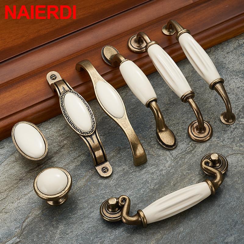 NAIERDI Zinc Alloy Antique Bronze Ceramic White Cabinet Handles Drawer Knobs Wardrobe Door Handle European Furniture Hardware