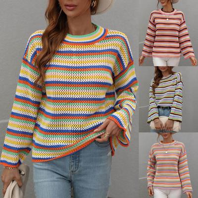 Women's  And Winter Splicing Knit Sweater Round Neck Long Sleeve Striped Sweater