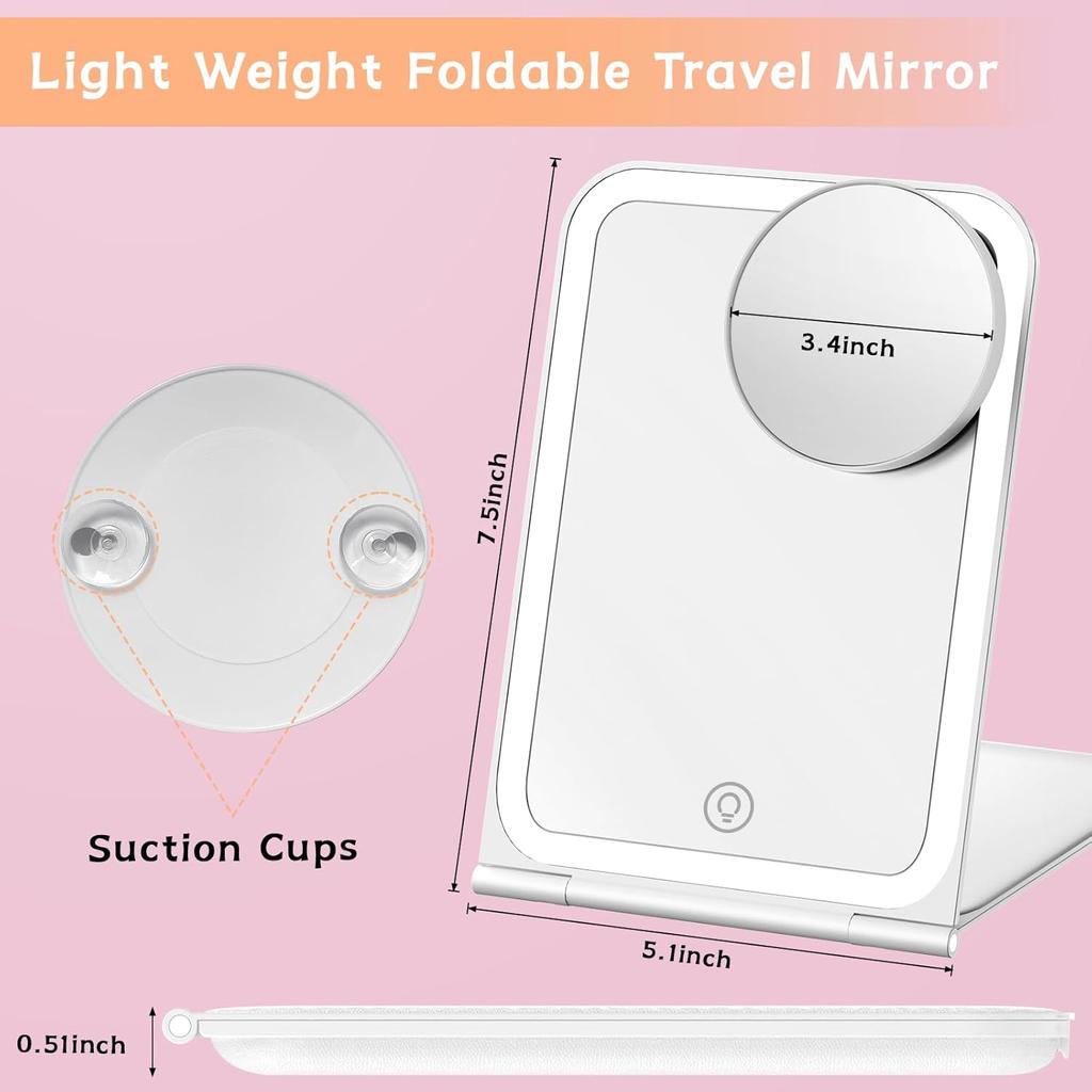 KerMiCi Lighted Travel Makeup Mirror, Portable Travel Mirror 10X Magnification with 72 LED Lights & Stepless Dimming 3 Color Rechargeable Cosmetic