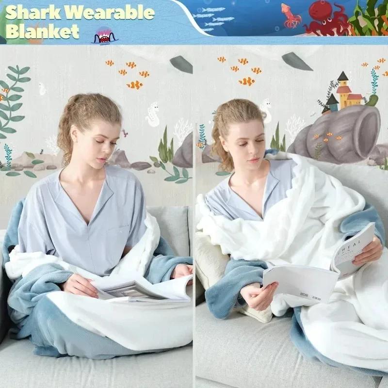 Shark Blanket Plaid Cute Women Pajamas Soft Sleeping Warm Plaid Adult Shawl Blanket Wearable Shark Gown Bathrobe Comfy Homewear