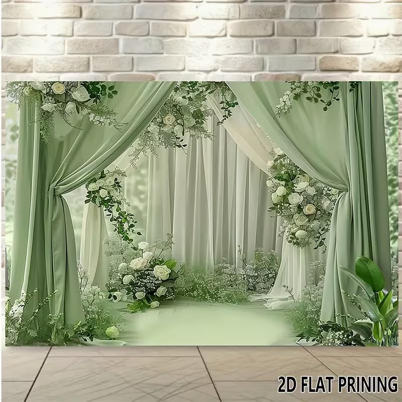2D Soft Green & White Drape Backdrop with Flowers Photo Background