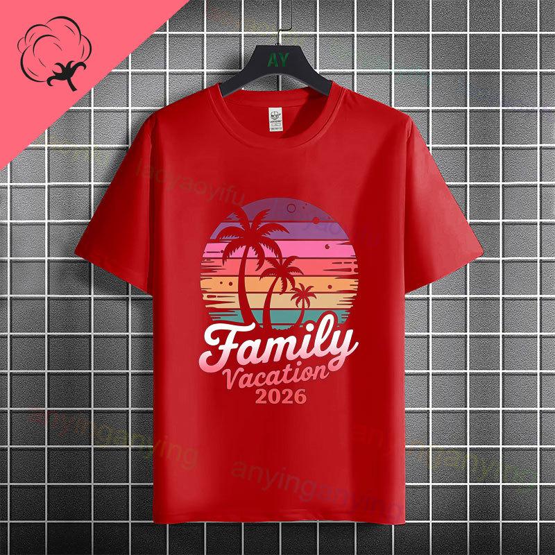 Unisex  Unisexs Family Vacation 2026 Graphic Tshirt With Retro Sunset Palm Tree Desgin Pure Cotton Short Sleeve Casual Tshirt