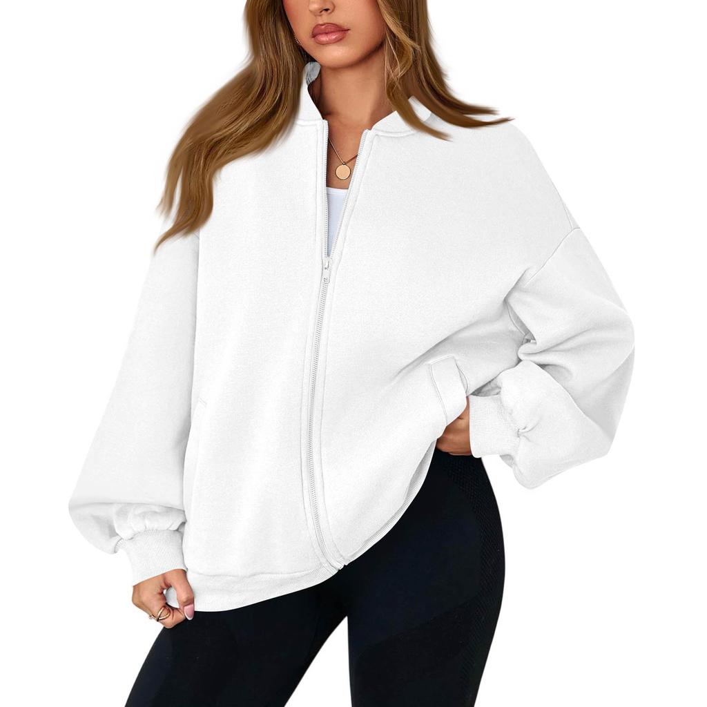 Women's Fashion Long Sleeve Color V-Neck Loose Oversize Zipper Jacket