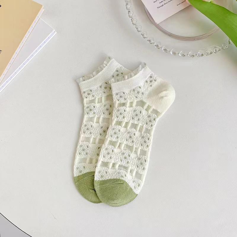 5/10 Pairs Women Floral Edge Breathable Short Socks Spring Summer Thin Mesh Breathable Fashion Sweet Floral Pattern Casual Socks