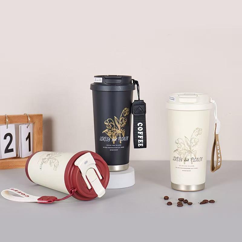 Spot Hot Sale Lily of the Valley Coffee Cup Stainless Steel Thermos Cup High Value Double Drink Straw Cup Logo