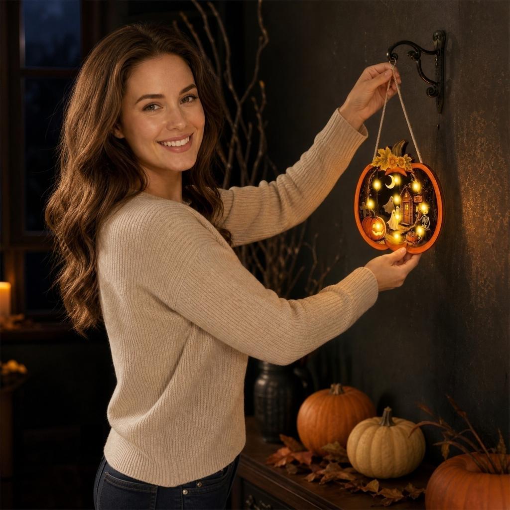 Halloween Wooden Glowing Hanging Sign with Battery Operated Lights for Window Decoration and Display