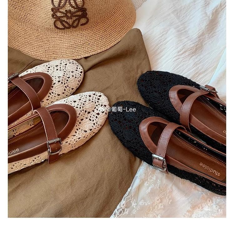 Shoes hollow crochet splicing shallow mouth word with Mary Jane single shoes