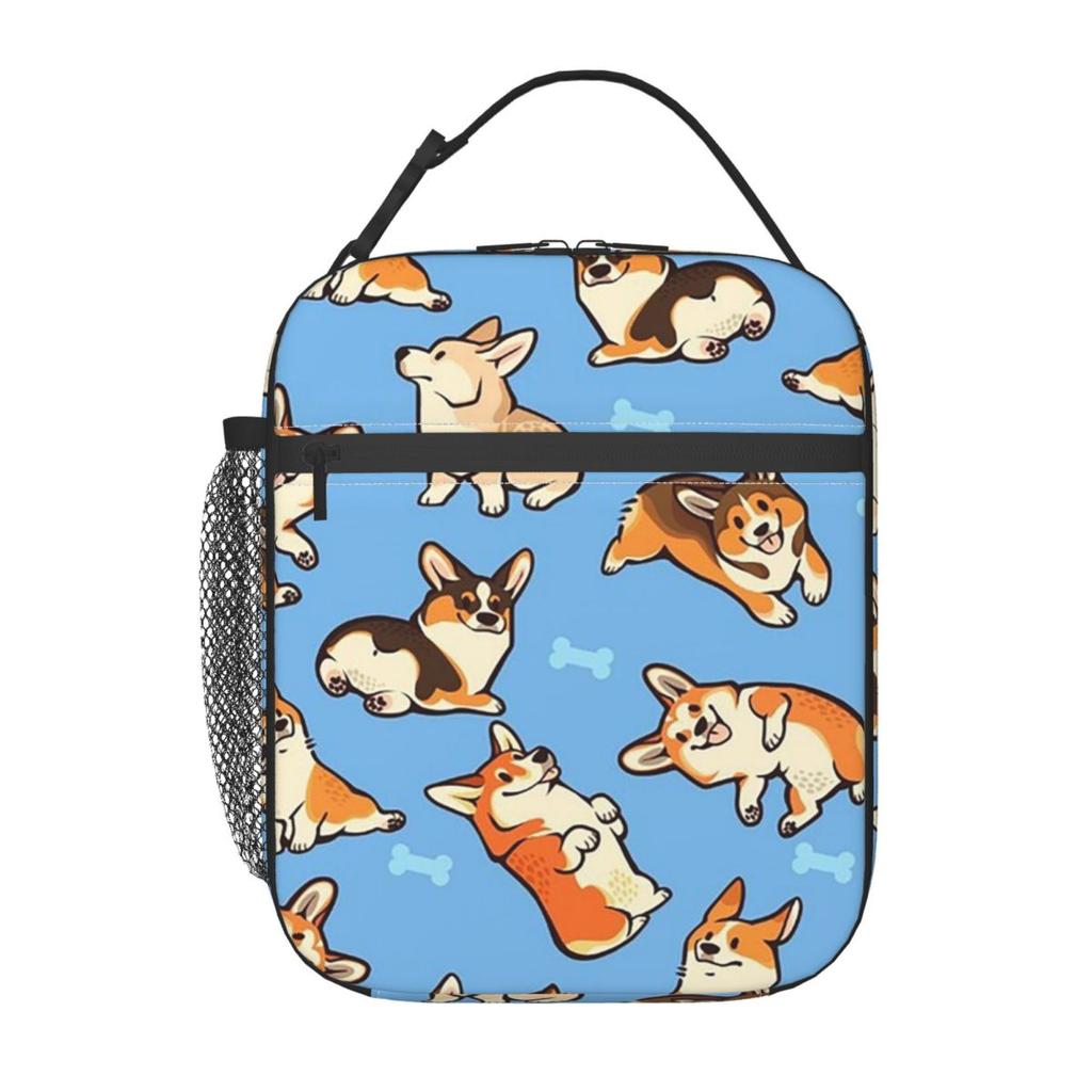 Blue Background Cute Cartoon Corgi Insulated Lunch Bag for Women Children Leakproof Food Boxes Thermal Lunch Box Tote