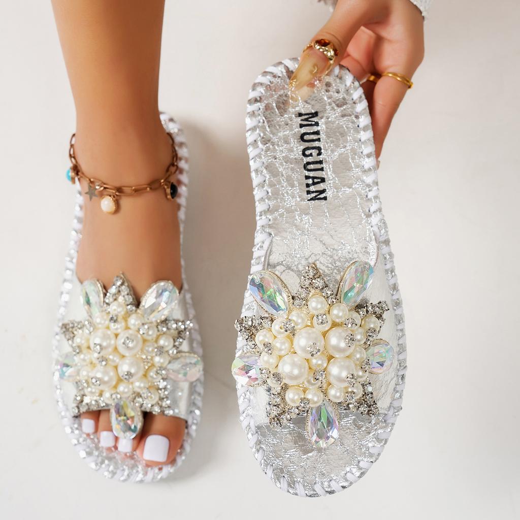 Gold Crystal Flower Slippers Women Summer Round Toe Shoes Women's Sandals Outdoor Flats Bling Slides Large Size Luxury Flip Flop