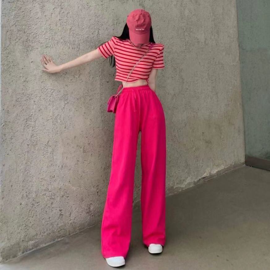 

Summer Fashion Suit for Women Striped Fashion Short-sleeved T-shirt Casual High-waisted Wide-leg Pants Two-piece Set 3XL