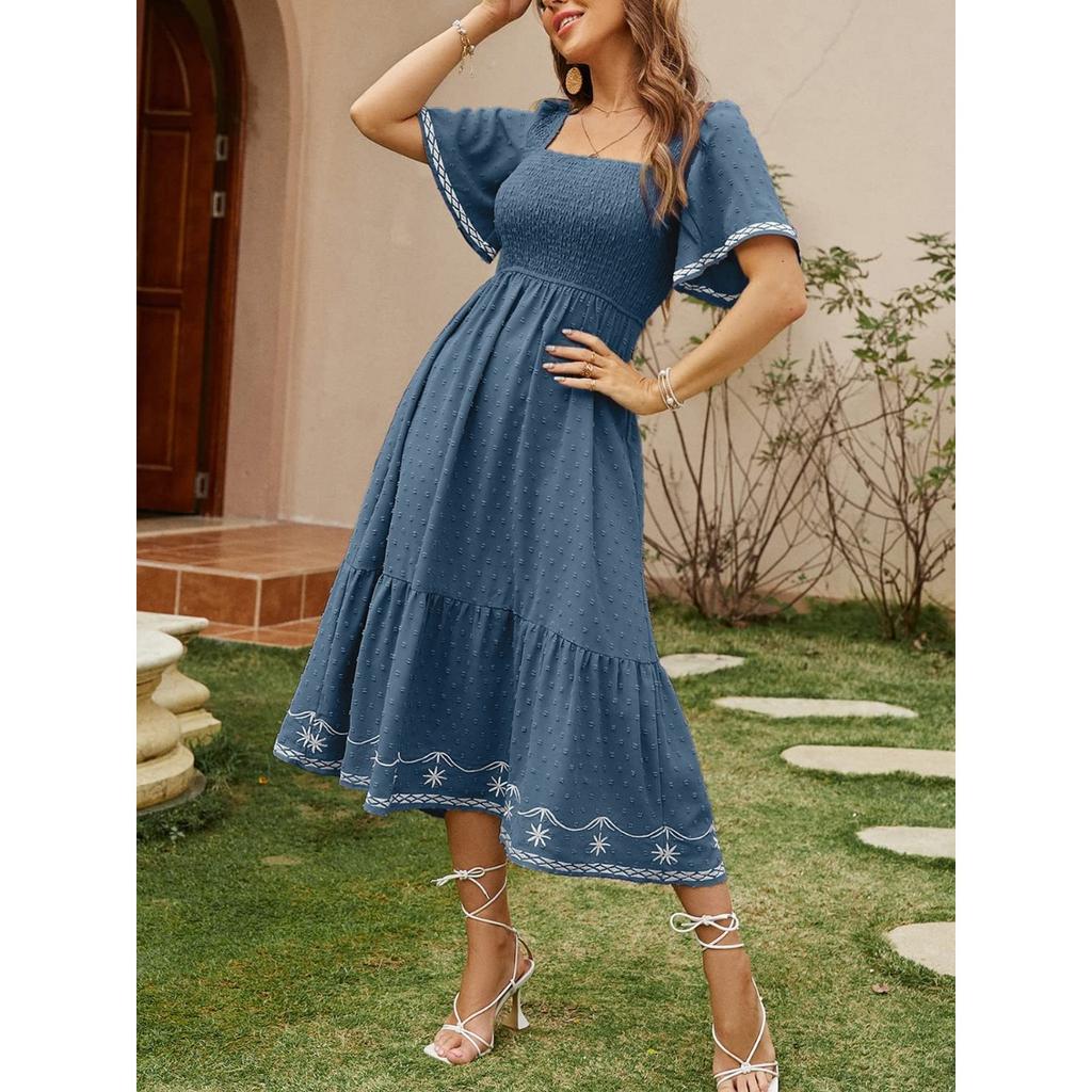 Vestido Largo Maxi de Verano para Mujer, Manga Corta, Fruncido, Cuadrado, Línea A, Fluido