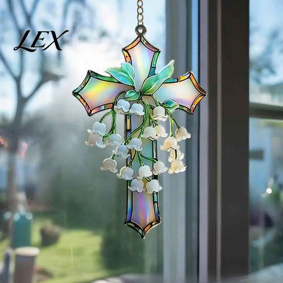 Holiday Commemorative Gift Lily of The Valley Suncatcher, Acrylic Stained Glass Style Hanging Indoor Ornament with Metal Chain, Elegant Floral Window