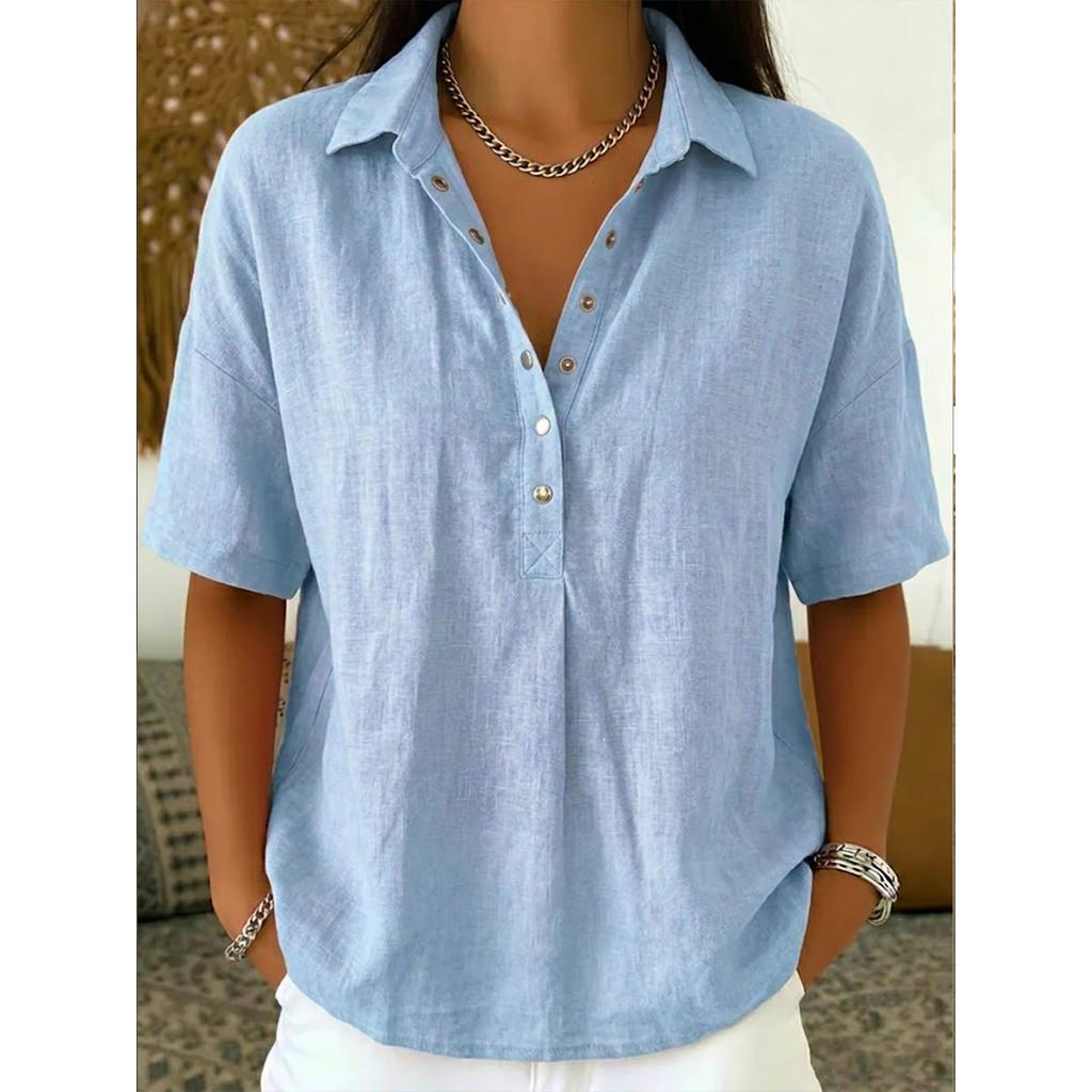 Summer Women's Loose Comfortable Solid Color Lapel Short Sleeve Shirt, European American Style Casual Blouse for Crossborder