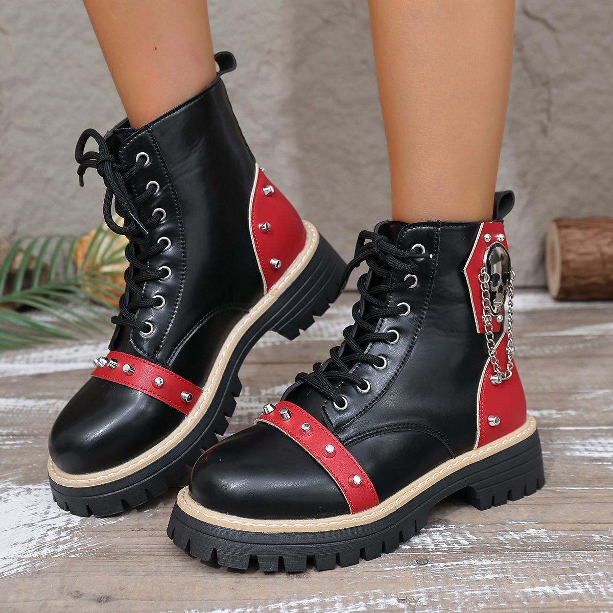 

Жіночі ботильйони на платформі в корейському стилі, панк бойові черевики на шнурівці з шипами, черевики Мартін з деталями з пряжками для жінок 40 червоний