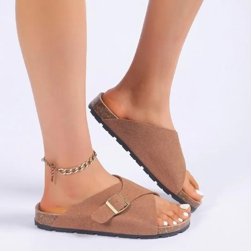 Fashion Women's Shoes 2024 Hot Sale Open Toe Women's Slippers Summer Rome Buckle Solid Flat Casual Beach Comfortable Large Size Slippers