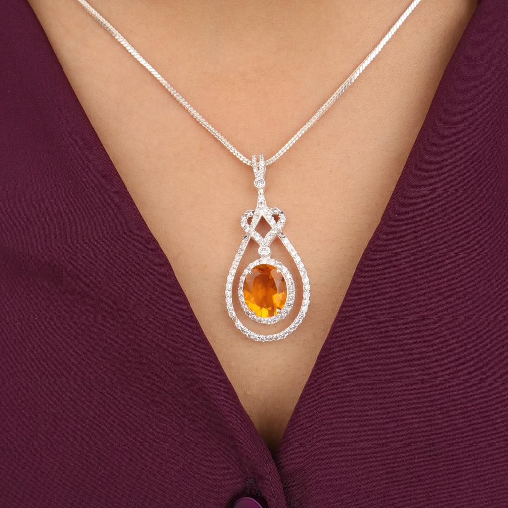 Citrine Gemstone 925 Sterling Silver Jewelry Zircon Pendant 1.73" For Women Gift CZP-6-2
