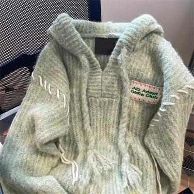 Korean Gentle Mohair Hooded Sweater Jacket Women's Autumn Winter Drawstiring Oversize Thick Pullover Knitted Sweater