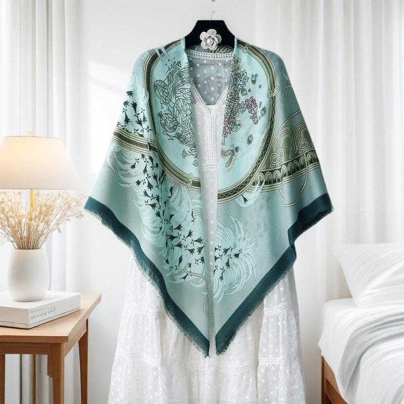 oversized beige flower travel sunscreen sunshade cotton and linen scarf women's silk scarf 111cm large square scarf shawl dual-purpose