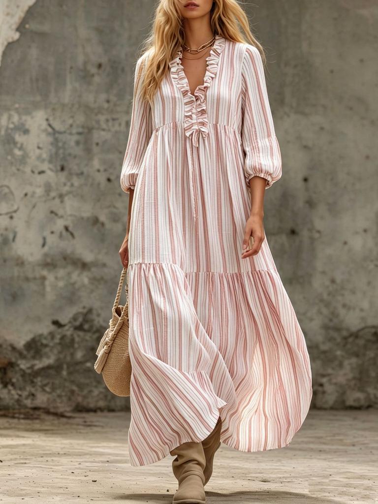 European and American spring and autumn new V-neck pleated striped loose casual dress women