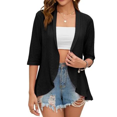Zomer Nieuwe Uni Kleur Cardigan Jasje met Driekwart Mouwen en Ruche Rand Top voor Dames