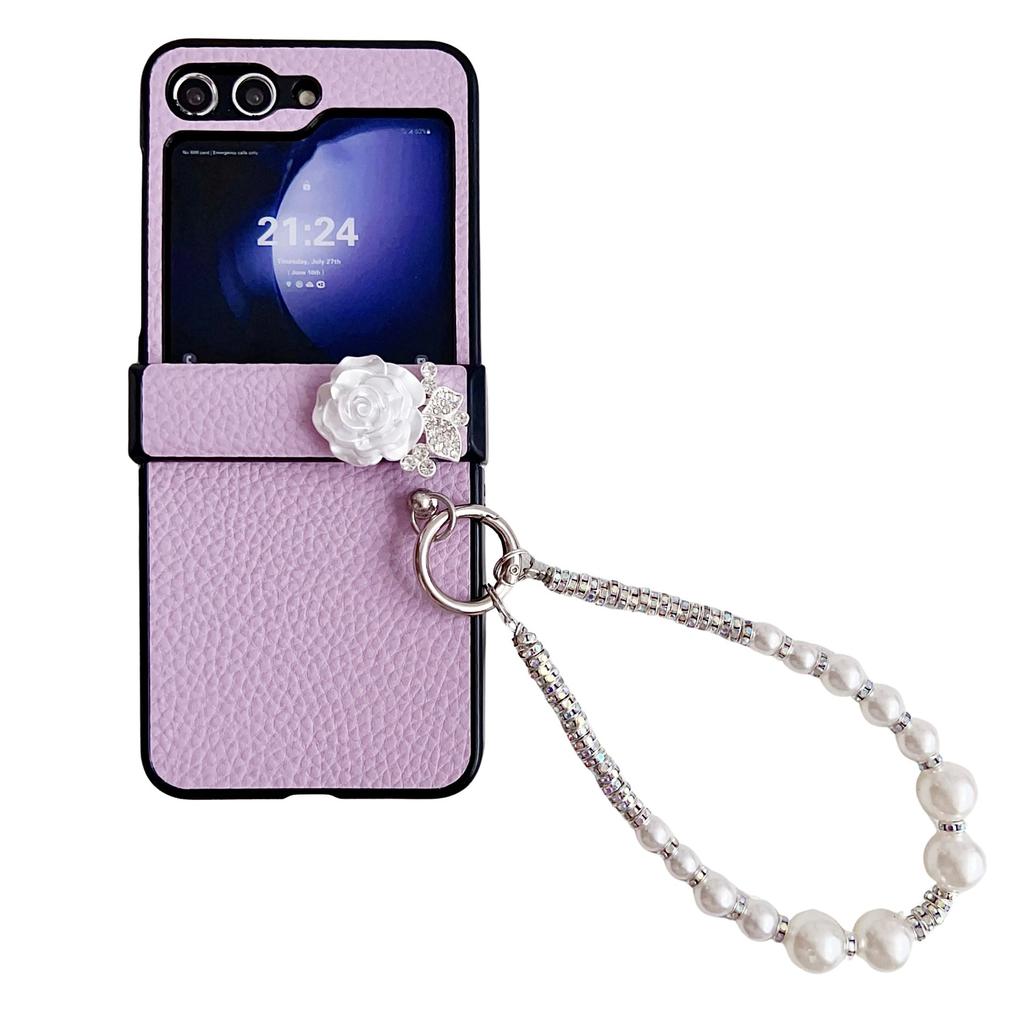 Applicable To Samsung ZFlip5 Mobile Phone Case, Lychee Pattern Zflip4 Bracelet, Camellia Back Cover Case, Protective Case Zflip3.