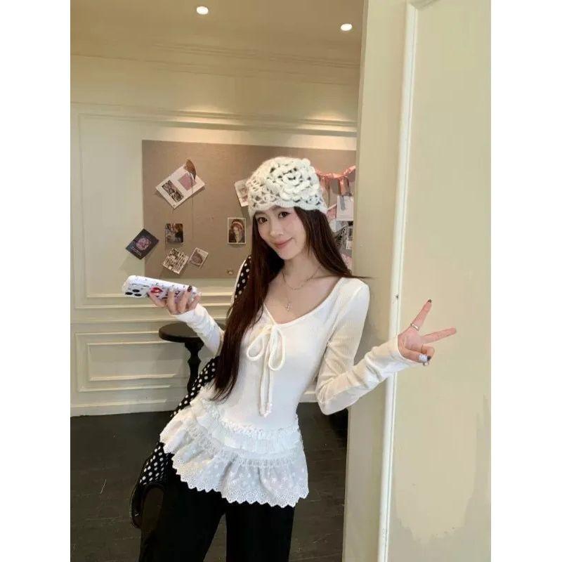 Plus-Size Sweet Style Lace Patchwork Lace-Up Long-Sleeve Top T-Shirt for Women, New Autumn and Winter V-Neck White Base Shirt