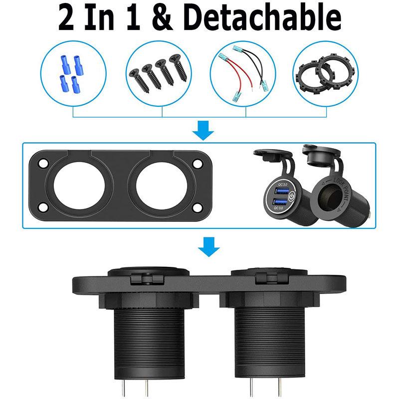Panou 2 în 1 QC 3.0 Dual USB LED încărcător de mașină cu comutator tactil și priză de alimentare pentru mașină motocicletă barcă ATV
