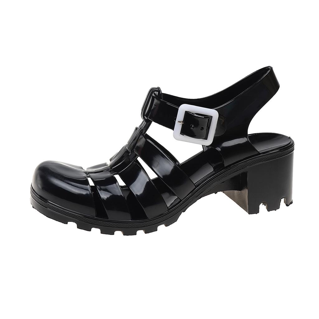 Fashion Summer Baotou Women's Sandals Round Toe Cutout Soft Sole Soft Leather Cutout Breathable Square Heel High Heels