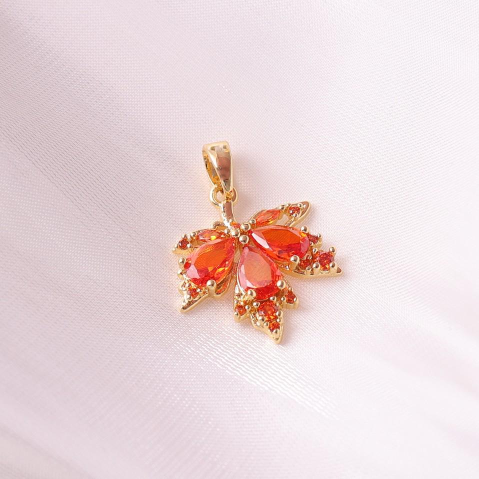 Golden Maple Leaf Pendant with Orange Cubic Zirconia for Fashionable Collarbone Chain