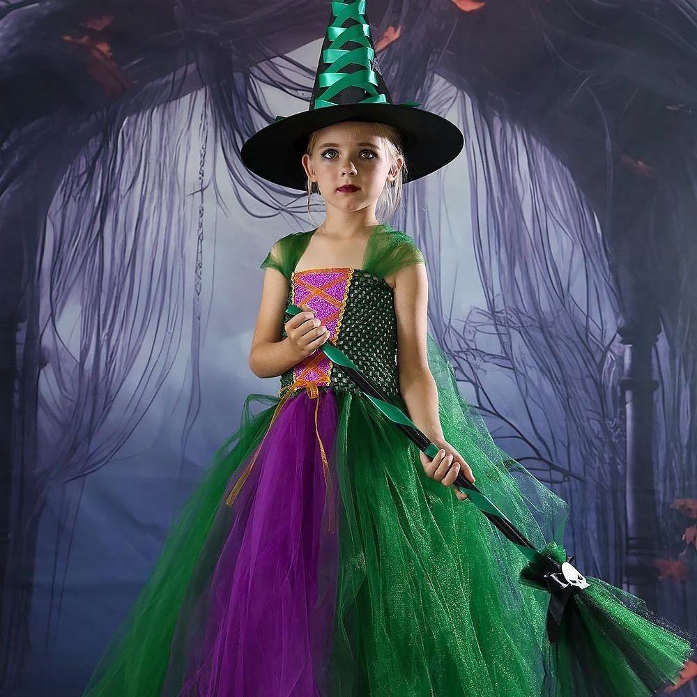 Copii fete vrăjitoare magică plasă Tutu rochie pălărie set copii Halloween Cosplay costume copil pretinde prințesă petrecere joc de rol ținută