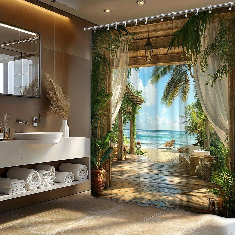 

Shower Curtain: Tropical Beach Hut with Palm Trees for a Relaxing and Scenic Bathroom Decor W90XH180cm