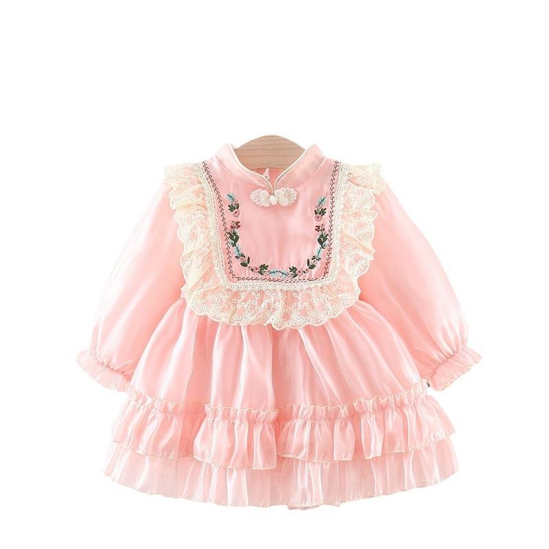 Children's Clothing Girls' Dress Autumn and Winter Children's Chinese Lace Embroidered Long Sleeved Princess Dress Baby