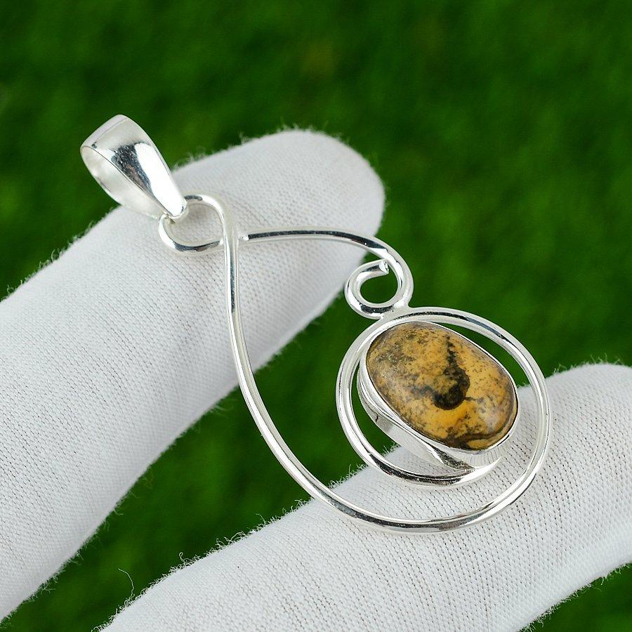 Natural Picture Jasper Gemstone Pendant Yellow 925 Sterling Silver Jewelry
