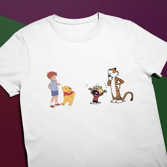 Calvin Hobbes Meet Christopher Pooh Cartoon Graphic Unisex Tee S-5XL S